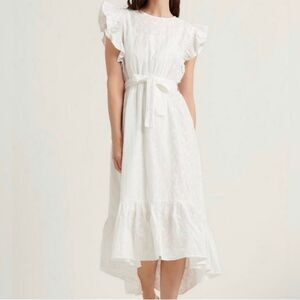 Lucky Brand Flutter Sleeve Reese Midi Dress White Cotton Eyelet XL Belted Ruffle